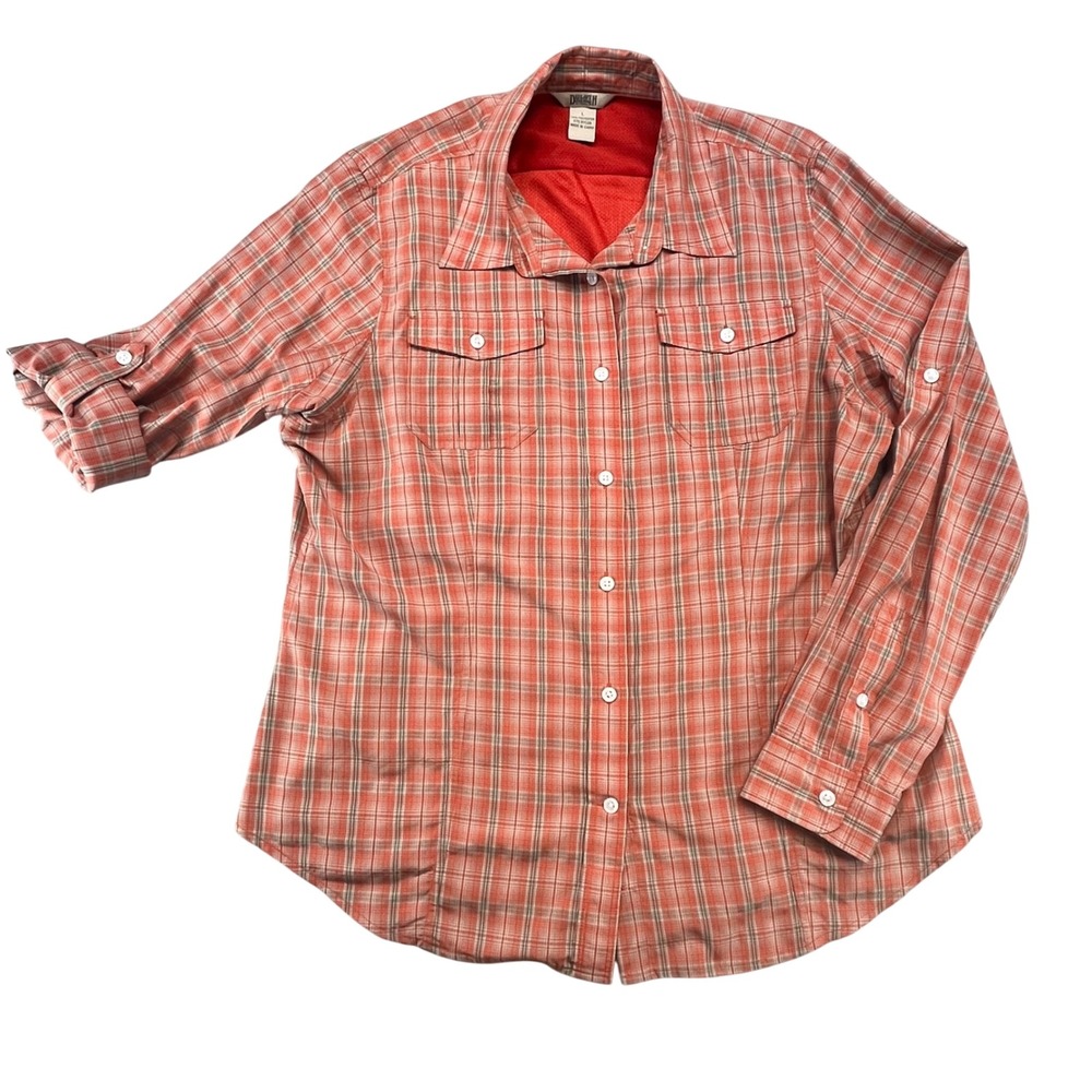 Duluth Trading Co Womens Orange Plaid Roll Tab Sleeve Hiking Shirt Large 74515